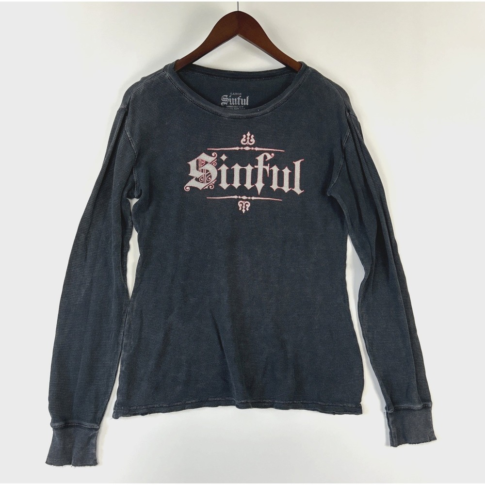Vintage Sinful Womens Thermal Top Size Long Sleeve Gray Grunge Punk Angel Wing